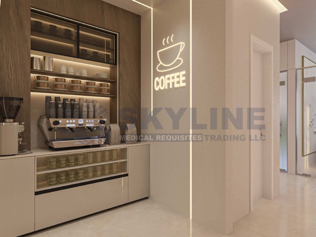 Elegant coffee station inside a modern medical clinic, offering comfort and hospitality for patients and staff.