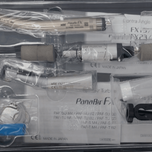 Close-up of packaged NSK PanAir FX dental student kit, featuring contra angle and turbine handpieces Made in Japan
