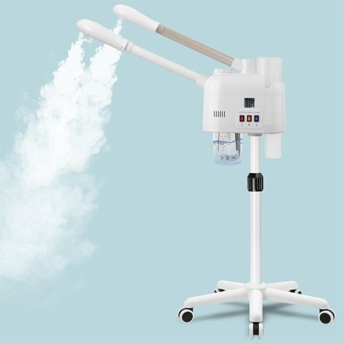 Professional white facial steamer (cold & hot) with dual adjustable arms and rolling base for aesthetic procedures.