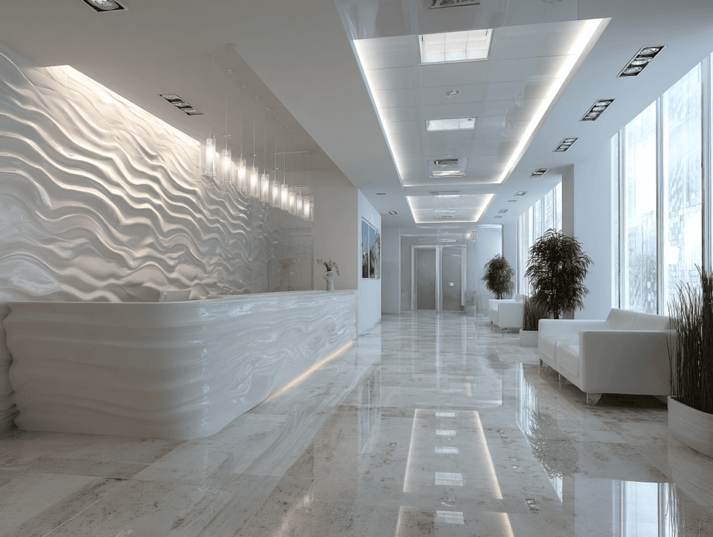 Modern medical clinic reception area featuring a sculpted white desk, ambient lighting, and a sleek waiting space with large windows and indoor plants. The design emphasizes luxury, hygiene, and professional atmosphere, ideal for dental or aesthetic clinics in the UAE.