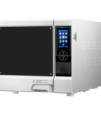 3/4 view of a white Class B medical autoclave with digital touch screen panel and ventilation slots, isolated on a white background