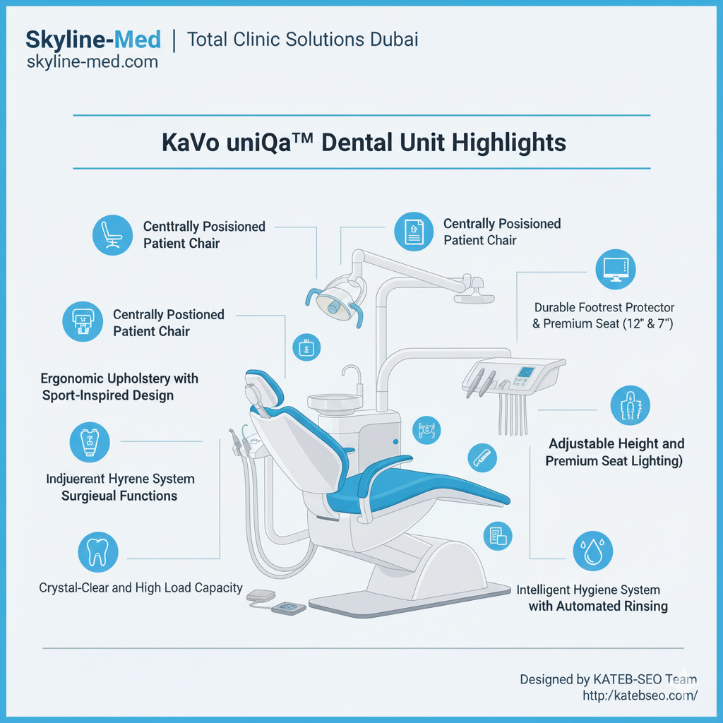 KaVo uniQa dental unit highlights: hygiene system, footrest, ergonomic design