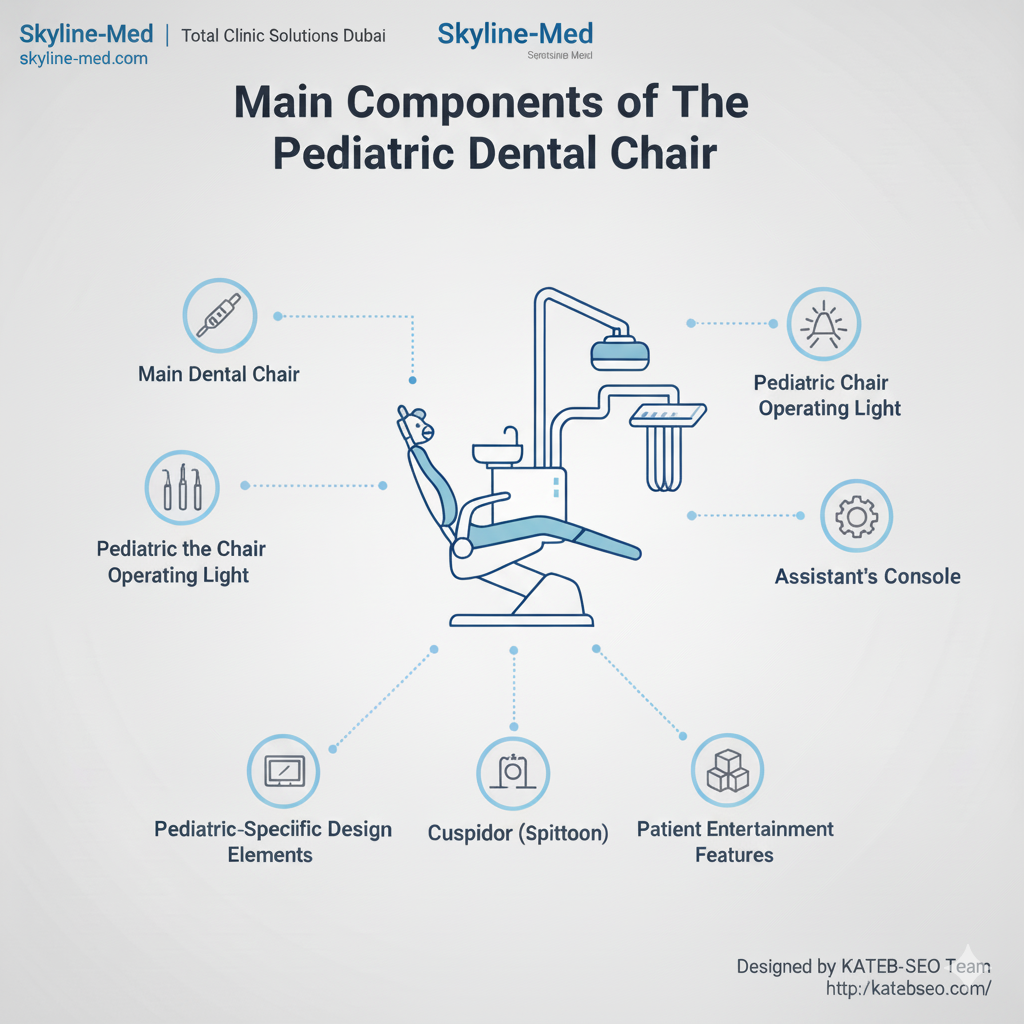 Main components of pediatric dental chair: light, console, cuspidor, entertainment