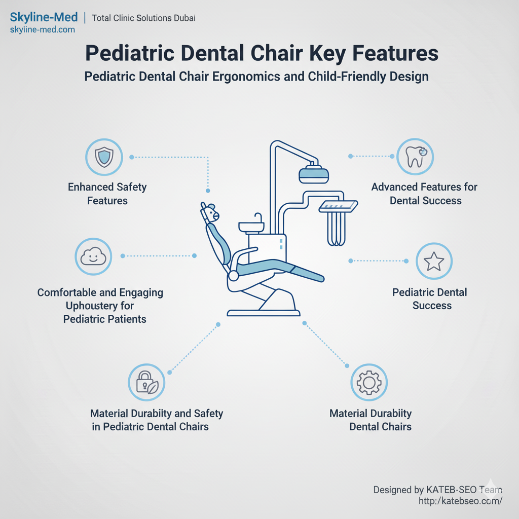 Pediatric dental chair features infographic: safety, comfort, ergonomics.