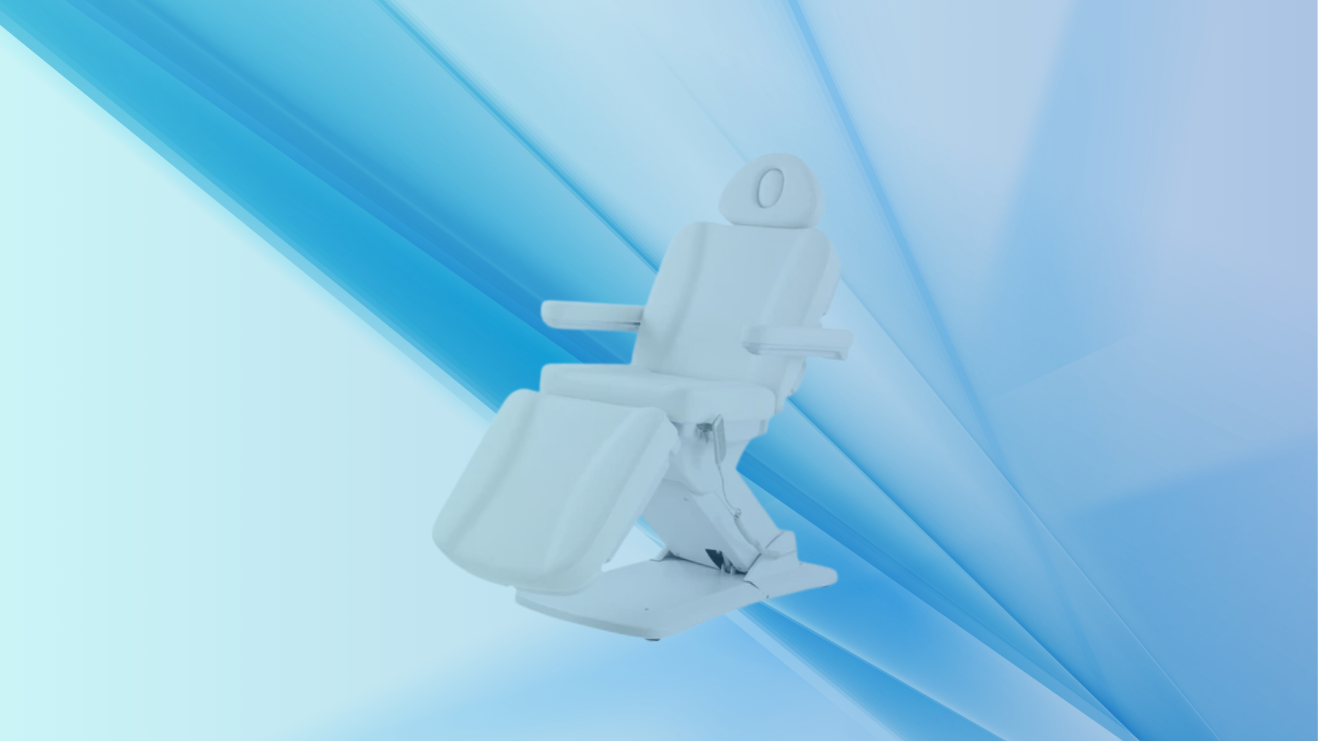 Modern white medical chair with adjustable features for clinical and dental procedures, set against a blue geometric background.
