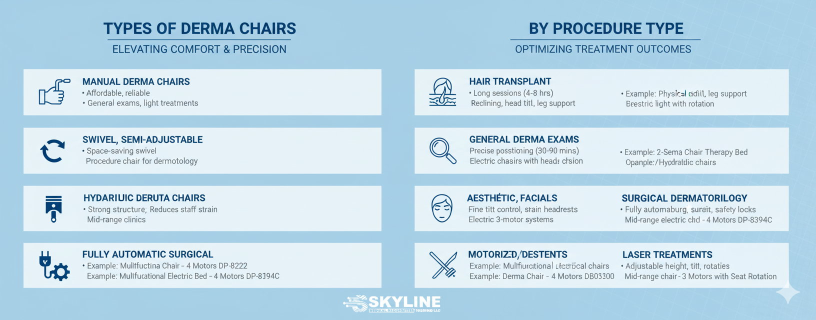 Infographic illustrating 'Types of Derma Chairs by Adjustment Mechanism' and 'Types of Derma Chairs by Procedure'. It categorizes chairs into Manual, Swivel, Hydraulic, and Fully Automatic, detailing their pros, cons, and use cases. It also lists specific chair types optimized for procedures like Hair Transplants, General Derma Exams, Aesthetic/Facial Procedures, Surgical Dermatology, and Laser Treatments