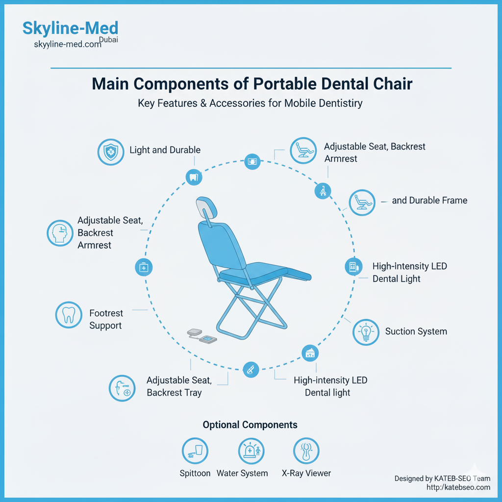 Infographic showing the main components of a portable dental chair, including the suction system and high-intensity LED dental light.