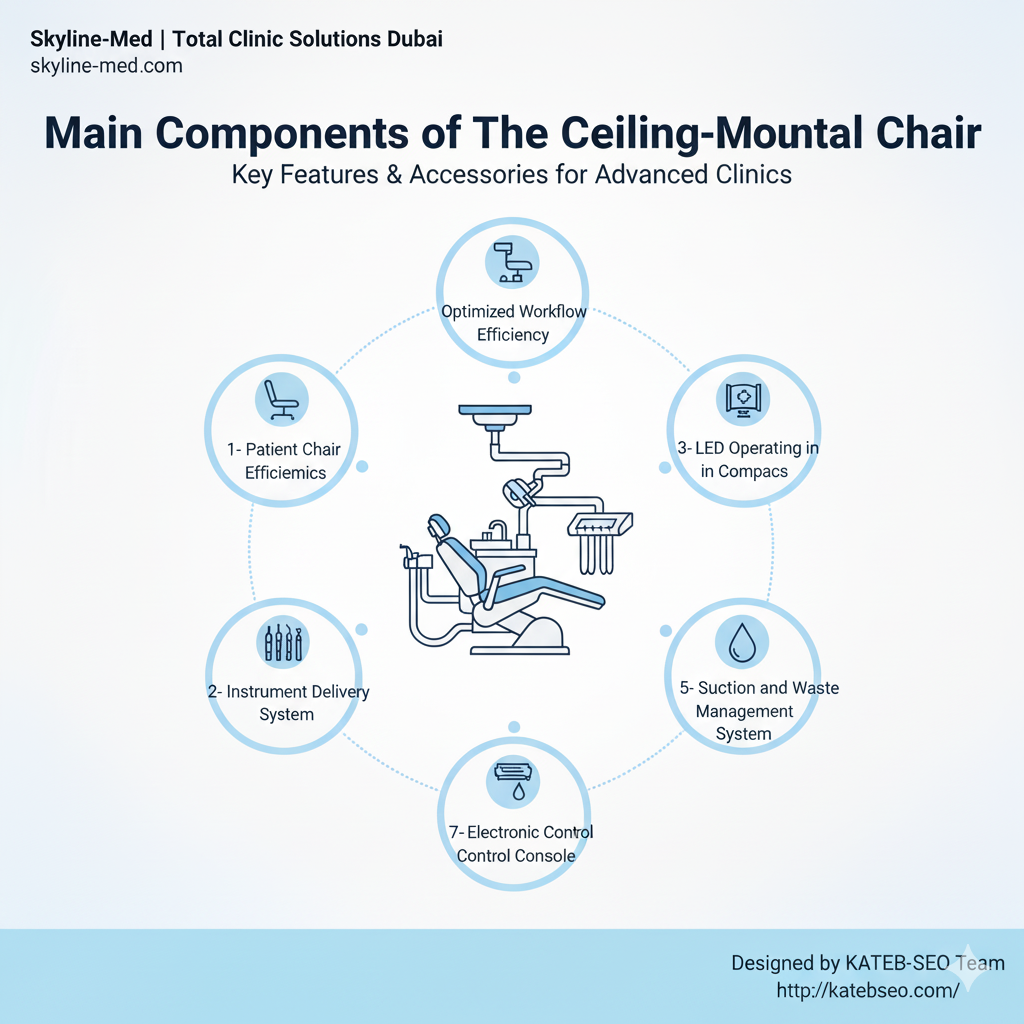 Infographic detailing the Main Components of the Ceiling-Mounted Dental Chair: Instrument Delivery System, Electronic Control Console, and LED Operating Light.