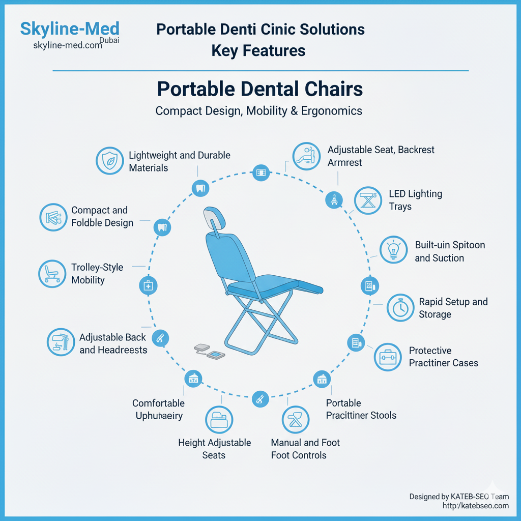 Infographic detailing key features of the portable dental chair, including compact design, LED lighting, and built-in suction.