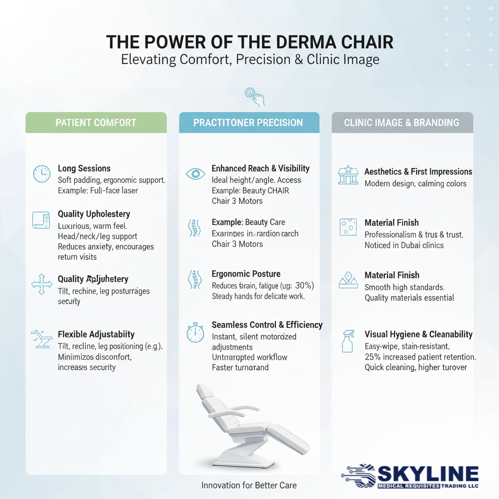 Infographic titled 'The Power of the Derma Chair' illustrating the tripartite importance of a dermatology chair for patient comfort, practitioner precision, and clinic image. It features icons and points summarizing benefits like comfortable padding, flexible adjustability, clear visibility for the practitioner, and hygienic upholstery