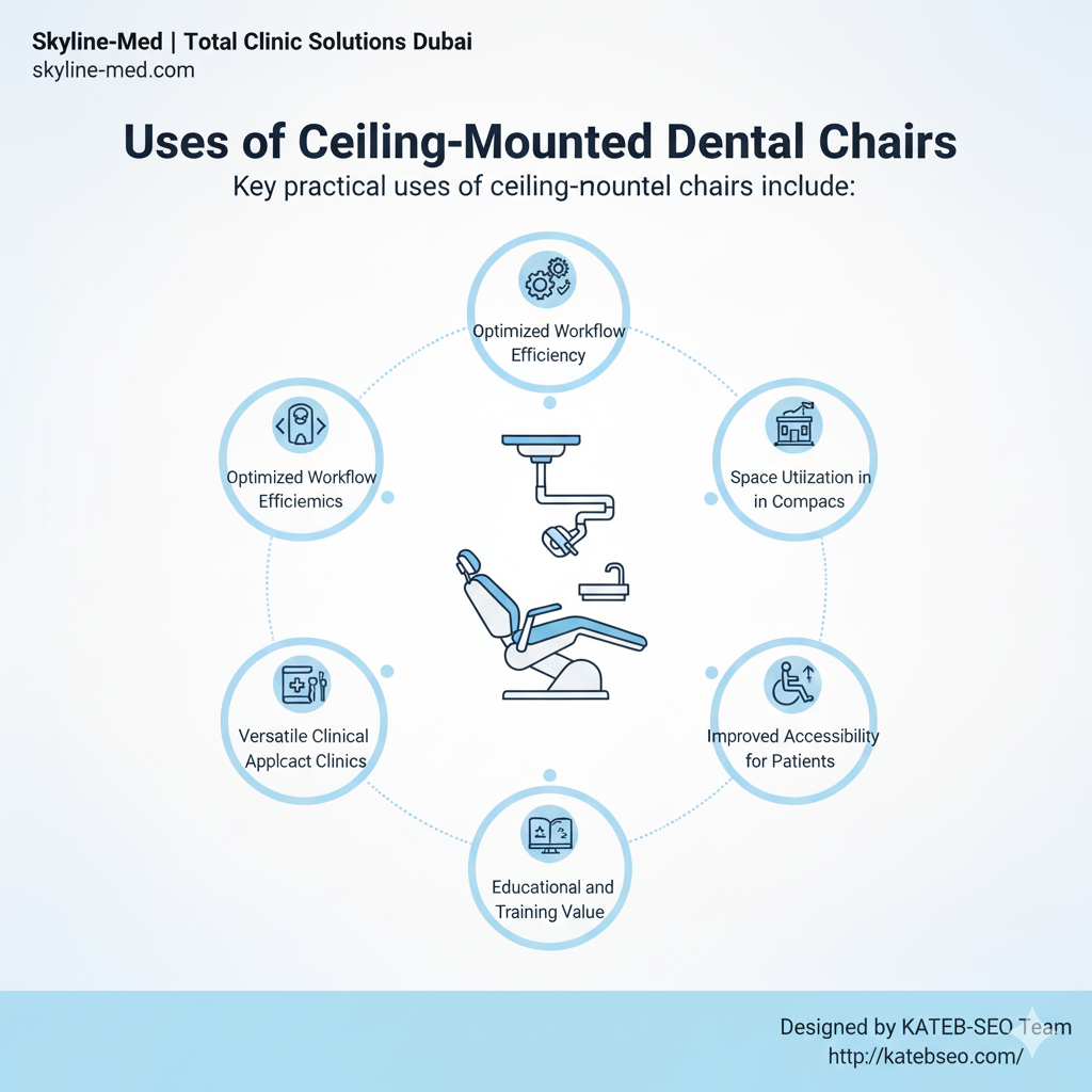 Ceiling-mounted dental chair infographic highlighting optimized workflow efficiency and maximum space utilization in clinics.