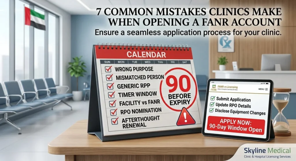 Infographic highlighting "7 COMMON MISTAKES CLINICS MAKE WHEN OPENING A FANR ACCOUNT," featuring a red calendar, a digital tablet displaying "FANR e-Licensing" instructions, and an hourglass on a clinic reception desk[cite: 20].
