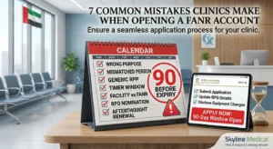 Infographic highlighting "7 COMMON MISTAKES CLINICS MAKE WHEN OPENING A FANR ACCOUNT," featuring a red calendar, a digital tablet displaying "FANR e-Licensing" instructions, and an hourglass on a clinic reception desk[cite: 20].