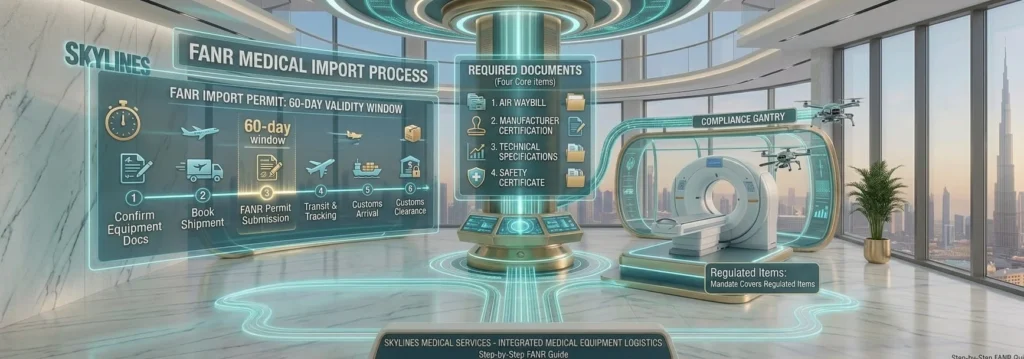 nfographic timeline and documentation guide illustrating the FANR Approval Process for medical equipment import by Skylines Medical Services