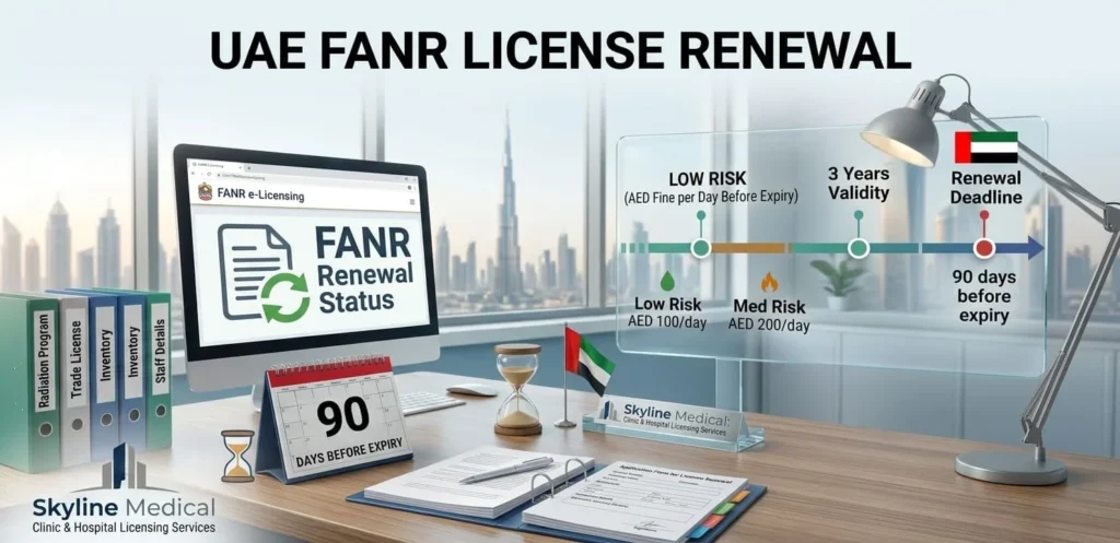 Infographic timeline and desktop setup illustrating the process and deadlines for FANR License Renewal in the UAE by Skyline Medical.