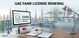 Infographic timeline and desktop setup illustrating the process and deadlines for FANR License Renewal in the UAE by Skyline Medical.