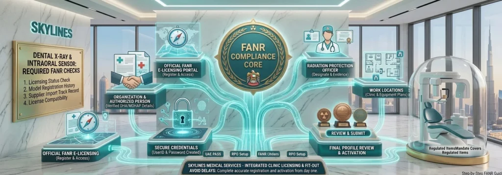 Comprehensive digital process diagram outlining compliance steps for securing a FANR License for Dental X-Ray & Intraoral Sensors by Skylines Medical Services.