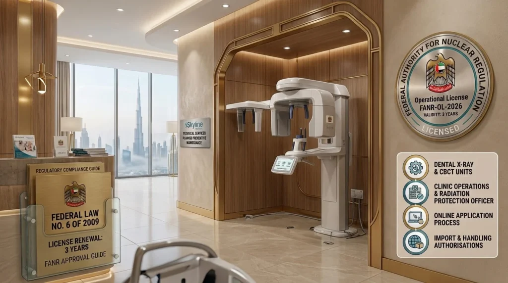 Infographic guide for obtaining Fanr approval for medical imaging equipment in the UAE.