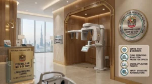 Infographic guide for obtaining Fanr approval for medical imaging equipment in the UAE.
