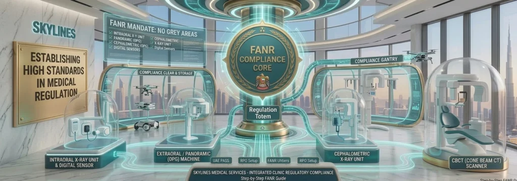Futuristic 3D infographic illustrating the coverage of a FANR License for Dental X-Ray & Intraoral Sensors by Skylines Medical Services.