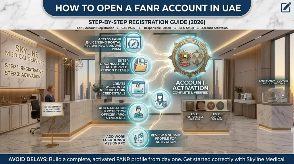 Step-by-step registration infographic guide explaining How to open a fanar account in the UAE for medical facilities.