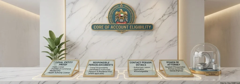 Infographic displaying key eligibility requirements to open fanar account for UAE medical facilities.
