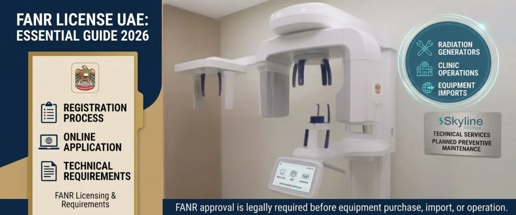 Guide graphic outlining steps and requirements to secure a FANR License UAE for medical facilities.