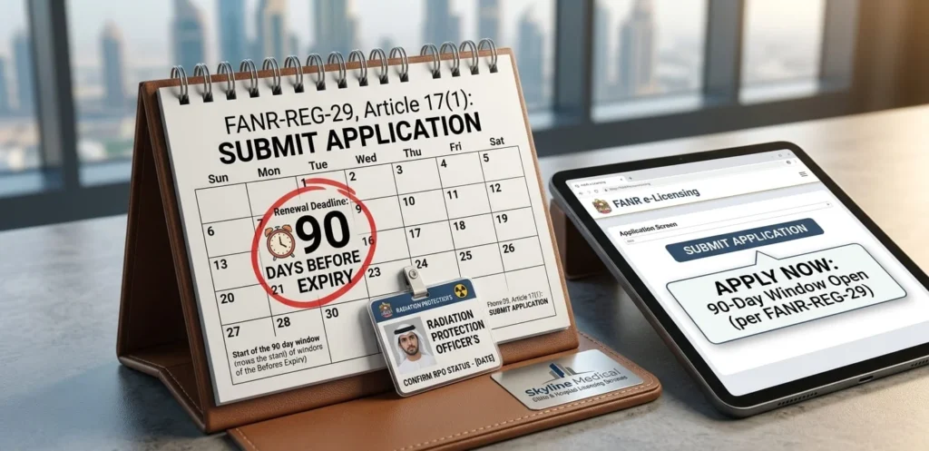 Alt Text: Calendar and digital screen setup highlighting the 90-day submission deadline for FANR License Renewal in the UAE according to regulation FANR-REG-29.