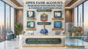 Infographic detailing required documents, fees, and tips to open fanar account in the UAE