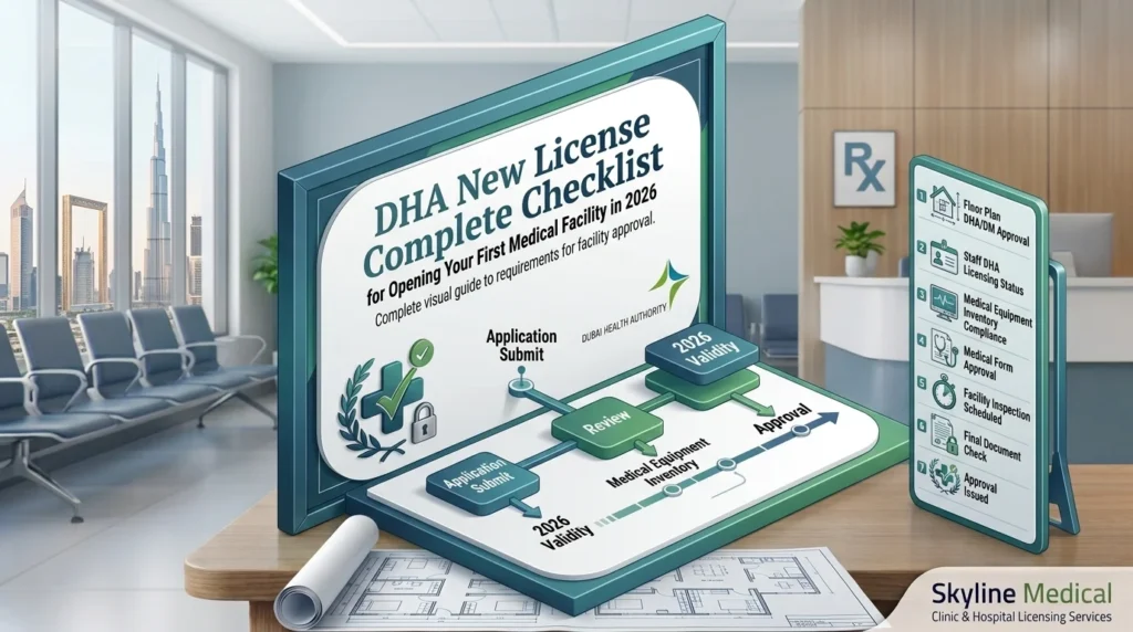 Interactive display featuring a DHA New License complete checklist guide for medical facilities by Skyline Medical.