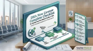 Interactive display featuring a DHA New License complete checklist guide for medical facilities by Skyline Medical.