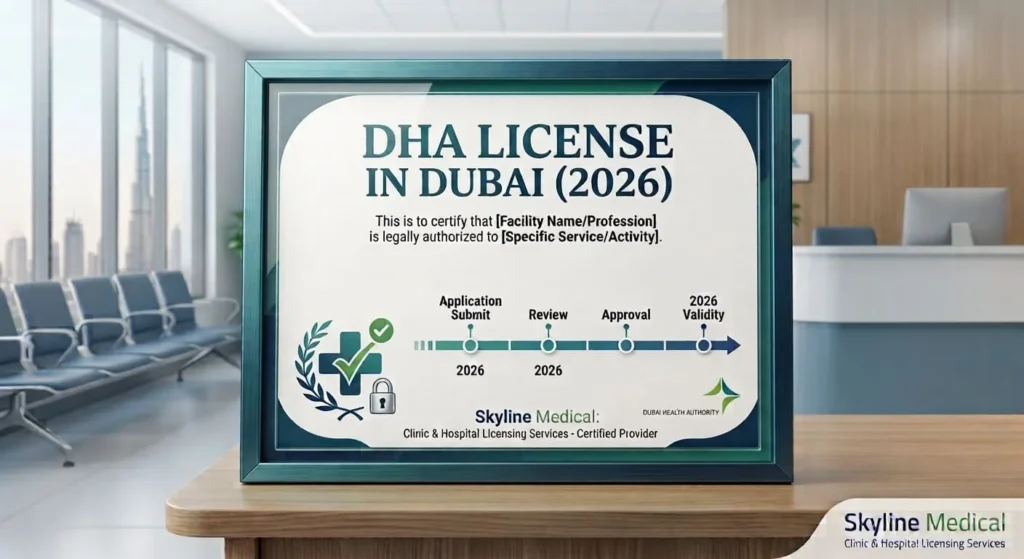 Framed official certificate template for obtaining a DHA License in Dubai provided by Skyline Medical licensing services.
