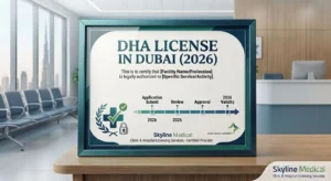 Framed official certificate template for obtaining a DHA License in Dubai provided by Skyline Medical licensing services.